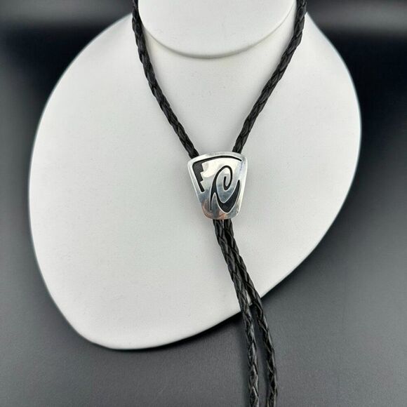 Vintage HOPI Native American Sterling Silver Leather Bolo Tie - Picture 2 of 6